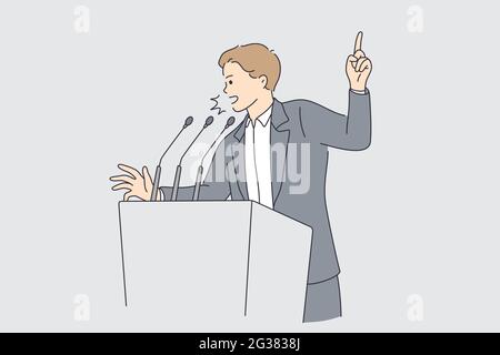 Politik und Wahlkampfkonzept. Junge entschlossene Geschäftsmann oder Politiker Mann Zeichentrickfigur stehen und machen Ankündigung oder Präsentation von Tribüne zeigt Finger nach oben Stock Vektor