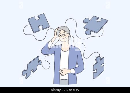 Alzheimer Krankheit Krankheit Patienten Konzept. Ältere reife Frau Zeichentrickfigur leiden an Gehirnerkrankungen und Gedächtnisverlust stehen mit Puzzles fliegen rund Vektor-Illustration Stock Vektor