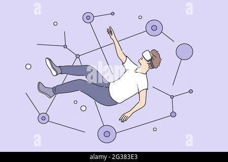Virtual Reality und Spielekonzept. Junge Mann Cartoon-Figur fallen in Schwerelosigkeit Raum mit Virtual Reality-Brille 3d-Simulation Headset Vektor-Illustration Stock Vektor