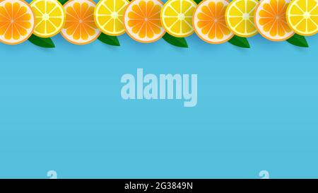 Sommerkomposition aus gelber Zitronenscheibe auf hellblauem Hintergrund. Minimalkonzept.Vektor Stock Vektor