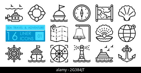 Satz von nautischen Symbolen. U-Boot, Rettungsboje, Boje auf Wellen, Kompass, Karte, Shell, Bootsrad, Leuchtturm, Schiff, Anker. Linearer Vektorsatz Stock Vektor