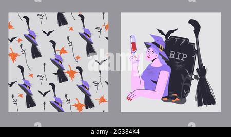 Halloween-Set mit Hexe Mädchen im Grab und passenden nahtlose Muster, flache Cartoon-Vektor-Illustration. Stock Vektor