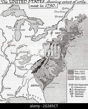 Karte der Vereinigten Staaten, die das Ausmaß der Besiedlung im Jahr 1790 zeigt. Aus EINER kurzen Geschichte der Welt, veröffentlicht um 1936 Stockfoto