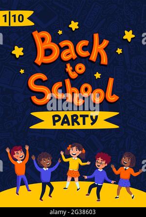 Zurück zur Schule Party Poster. Flyer zur Schultanzparty. Vektorgrafik im flachen Stil Stock Vektor