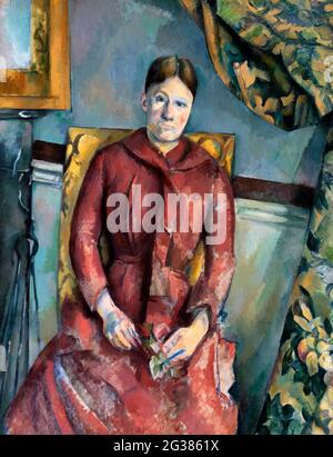 Madame Cézanne (Hortense Fiquet) in einem roten Kleid von Paul Cezanne (1839-1906), Öl auf Leinwand, ca. 1888-90 Stockfoto