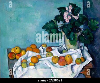 Stillleben mit Äpfeln und einem Topf mit Primeln von Paul Cezanne (1839-1906), Öl auf Leinwand, ca. 1890 Stockfoto