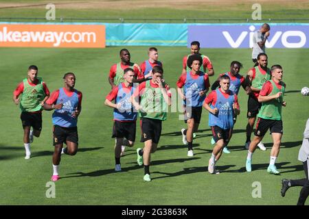 Die belgischen Spieler, die während einer Medienaktivität der belgischen Fußballnationalmannschaft Red Devils am Montag, den 14. Juni 2021 in Tubize abgebildet wurden. Das Team ist bereit Stockfoto