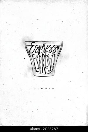 Doppio Tasse Schriftzug Espresso in Vintage Grafik Stil Zeichnung auf schmutzigem Papier Hintergrund Stock Vektor