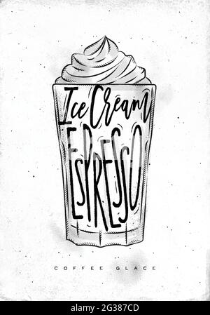Kaffee Glace Tasse Schriftzug Eis, Espresso im Vintage-Grafik-Stil Zeichnung auf schmutzigem Papier Hintergrund Stock Vektor