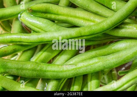 Makrofotografie von frischen grünen Bohnen. Stockfoto