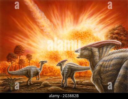 Eine Gruppe von Parasaurolophus-Dinosauriern beobachtet einen Meteoritenschlag. Stockfoto