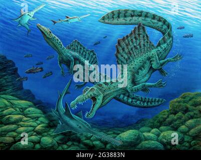 Spinosaurus Dinosaurier jagen Onchopristis Sägefisch. Stockfoto