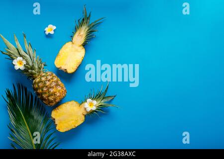 Ananas ganze tropische Sommer Ananas Früchte und Ananas in Scheiben geschnitten Hälften mit tropischen Plumeria Blumen Zusammensetzung auf blaue Farbe Sommer Stockfoto