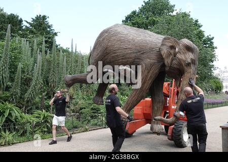 100 Elefantenskulpturen, die 5 Jahre in Anspruch genommen haben, wurden in Londoner Parks transportiert - hier kommt man im St James's Park an Stockfoto