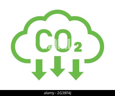 Grüne Wolke und co2-Symbol mit nach unten zeigenden Pfeilen für Vektorsymbol zur Reduzierung von Treibhausgasen Stock Vektor