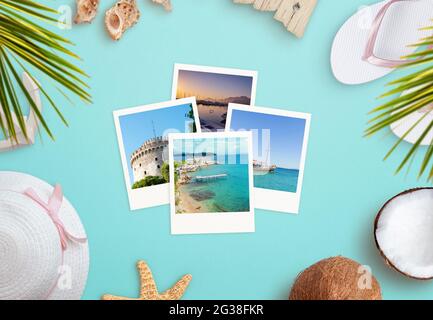 Reisefotos umgeben von Strand Accessoires Konzept. Draufsicht, flache Lay-Komposition Stockfoto