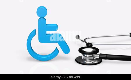 Behindertenversorgung und Zugang zu medizinischen Leistungen für Menschen mit Behinderungen Konzept mit blauem Rollstuhlsymbol und Arzt-Stethoskop. Stockfoto