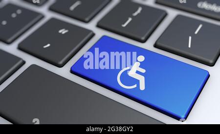 Barrierefreier Zugang zu Websites und Internet-Inhalten und barrierefreies Computing- oder Assistiv-Technologiekonzept mit Rollstuhlsymbol und -Symbol auf einem pc-Schlüssel. Stockfoto