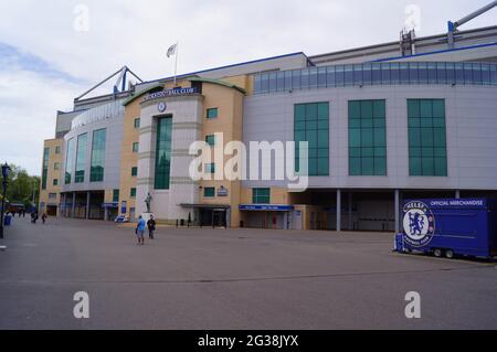 London, Großbritannien: Blick auf den Chelsea Football Club an der Stamford Bridge, Fulham Stockfoto