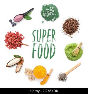 Satz Superfoods auf weißem Hintergrund Stockfoto