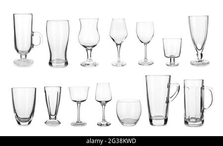 Collage aus verschiedenen leeren Gläsern auf weißem Hintergrund Stockfoto