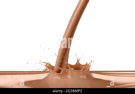 Gießen von Kakao Getränk auf weißem Hintergrund Stockfoto