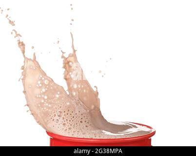 Tasse Kakao mit Spritzer auf weißem Hintergrund Stockfoto