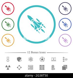 Space Shuttle mit Trägerraketen flache Farb-Symbole in kreisförmigen Konturen. 12 Bonus-Symbole enthalten. Stock Vektor