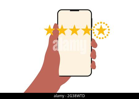 Nahaufnahme eines Geschäftsmannes Handdruck auf den Smartphone-Bildschirm mit goldenem fünf-Sterne-Feedback-Symbol und Druckstufe exzellenter Rang für beste Punktzahl Stockfoto