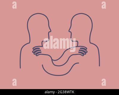 Minimalistisches Symbol der Vereinbarung. Abstrakte Illustration der Linienkunst über Einheit. Zwei Menschen blicken einander gegenüber und halten die Hände auf den Schultern. Stock Vektor