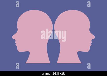 Zwei Personen, die in verschiedene Richtungen schauen. Minimalistische Illustration, menschliche Köpfe umrissen. Für Ausdrucke, Miniaturansichten, Deckblätter. Vektor. Stock Vektor