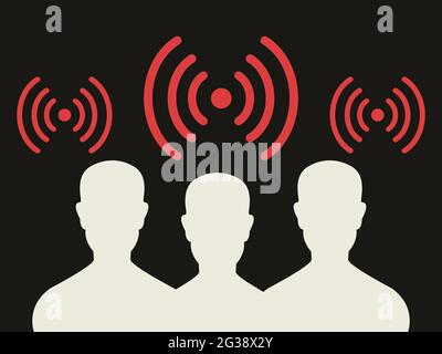 Gruppe von Personen unter Funkwellen, wifi, Handy. Gefährliche Funkwellen sind unsichtbar. Menschliche Silhouetten. Stockfoto