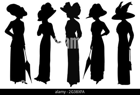 Frauen in Vintage-Kleid und Hut elegant. Schwarze Mode Silhouette auf weißem Hintergrund isoliert Stockfoto