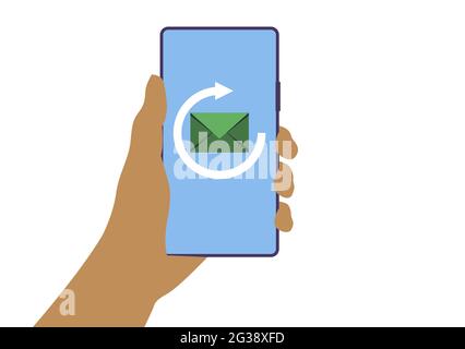 Nahaufnahme eines Geschäftsmannes, der eine Marketing-E-Mail an einen Partner und Kunden sendet. Virtuelles Schnittstellensymbol für Global Financial and Business.vect. Stock Vektor