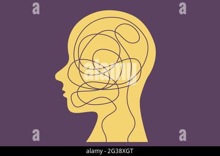 Psychische Erkrankungen auch als psychische Erkrankungen bezeichnend. Menschlicher Kopf mit einer verworrenen Linie innen. Kunst für Drucke. Vektor. Stock Vektor