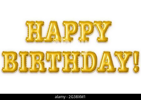 Alles Gute Zum Geburtstag! Goldene Folienballons auf weißem Hintergrund Stockfoto