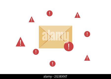 Illustration gefährlicher Meldungen. Empfangen von Spam-E-Mails. Konzept für unerwünschte E-Mails. Ein Umschlag, der von Warnschildern umgeben ist. Vektor. Stock Vektor