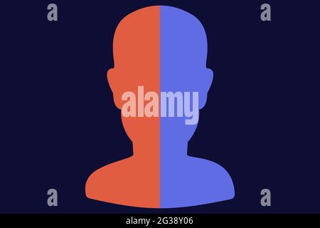 Geteilte Persönlichkeit. Psychischer Hintergrund. Entgegengesetzte Gefühle, schlechte Laune und gute Laune, dargestellt durch blaue und rote Farben. Stock Vektor