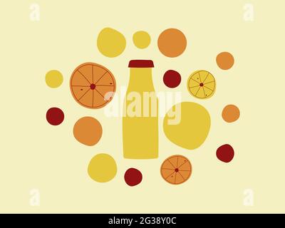Farbenfrohe Zitrusfrüchte im Hintergrund. Flasche mit Zitrusfrüchten und Saft. Geometrische Formen, die Zitrone, Orange, Grapefruit, Clementine darstellen. Flaches Design. Stock Vektor
