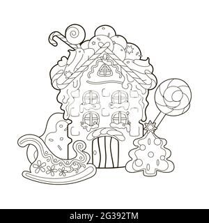 Malbuch : Neujahr Lebkuchenhaus in Form eines Cupcake, beträufelt mit süßer Creme, Neujahr Süßigkeiten und einem Lebkuchenbaum .Vector. Stock Vektor