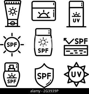 Symbole für Sonnenschutzmittel-Umrisse eingestellt. Sammlung von Vektor-Symbol in trendigen flachen Stil auf weißem Hintergrund. Sonnenschutz singt für Design. Stock Vektor