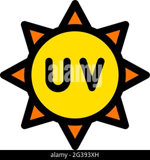 Ultraviolettes Schutzflachsymbol. SPF-Symbol. Sonnenstrahl-Schild. Dünnes Farbsymbol auf weißem Hintergrund. Vektorgrafik im einfachen Stil. Stock Vektor