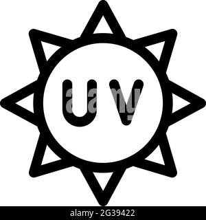 Ultra-violettes Schutzsymbol. UV-Symbol. Sonnenstrahl-Schild. Symbol für dünne Umrisse auf weißem Hintergrund. Vektorgrafik. Stock Vektor