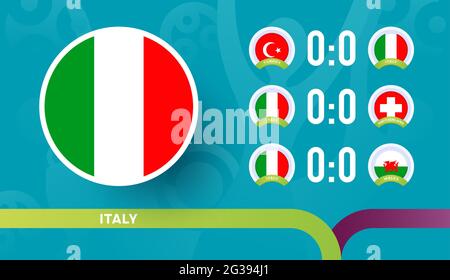 italienische Nationalmannschaft Spielplan in der letzten Phase der Fußball-Meisterschaft 2020. Vektor-Illustration von Fußball 2020 Spielen. Stock Vektor