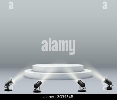 Abstrakter Podesthintergrund. Ein realistisches, helles Interieur mit rundem Podium und Scheinwerfern. Stock Vektor