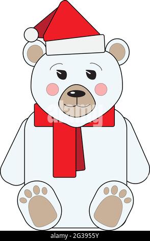 Niedlicher Eisbär sitzt in einem roten weihnachtsmannhut und Schal auf weißem Hintergrund Stock Vektor