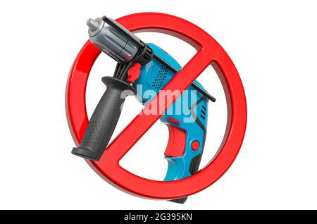 Verbotsschild mit Elektrobohrer. 3D-Rendering auf weißem Hintergrund isoliert Stockfoto
