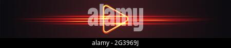 Breites Gaming-Banner mit leuchtendem Triangle Play-Symbol. Neonlichter Linie Hintergrund. Stockfoto