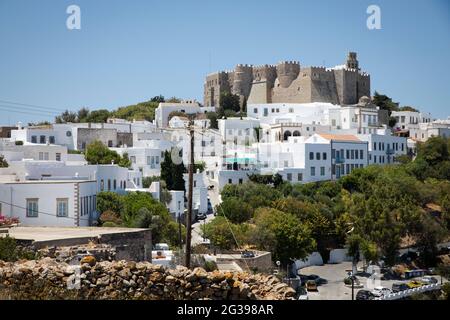 Blick auf die Stadt Hora auf der griechischen Insel Patmos Stockfoto