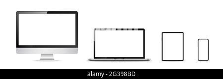Computer, Laptop, Tablet, Telefon. Mockup-Kollektion auf weißem Hintergrund. Realistische elektronische Geräte. Isolierte digitale mobile Gadgets. Vektor Stock Vektor